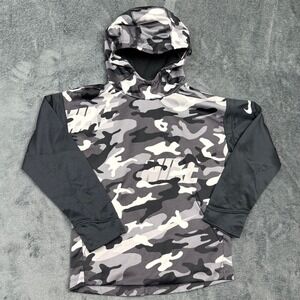 Nike Dri-FIT Pullover Hoodie Sweatshirt Camo‎ Print Black Gray Kids Medium